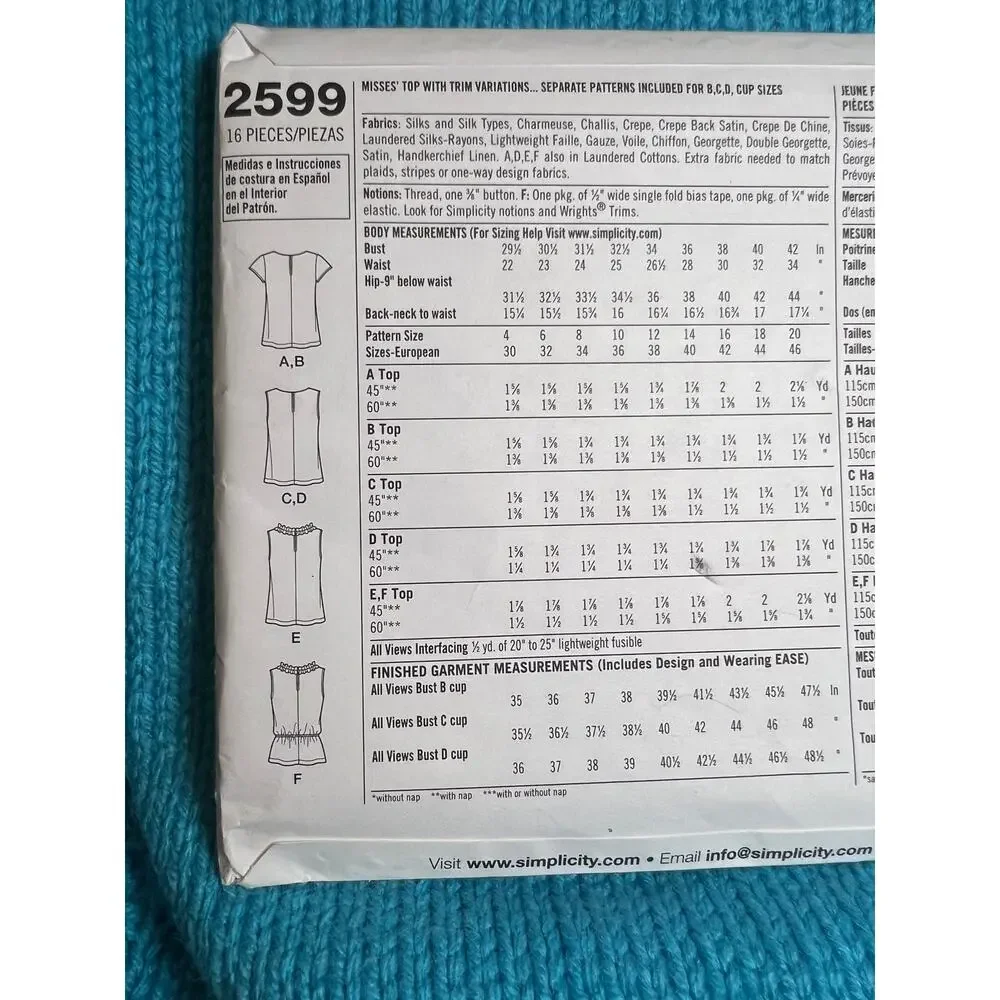 Simplicity 2599 pattern sleeveless top ruffles size 4 6 8 10 12